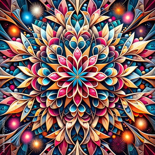 Hyperbolic Flower Mandala like Seamless pattern Maximalist Colorful Floral Psychedelic, Wallpaper Background