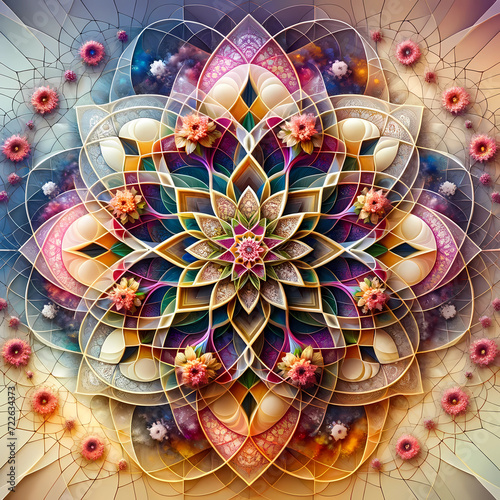 Hyperbolic Flower Mandala like Seamless pattern Maximalist Colorful Floral Psychedelic, Wallpaper Background