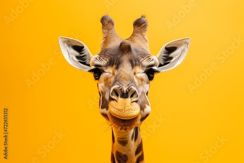 funny african giraffe animal isolated on yellow background