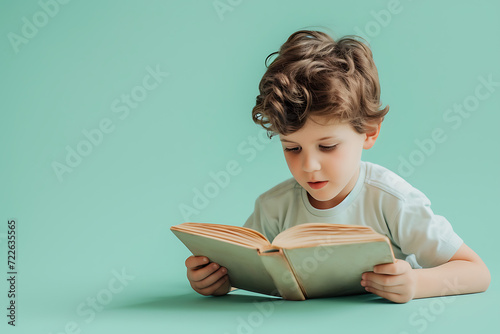 kid reading a book isolated on colored background