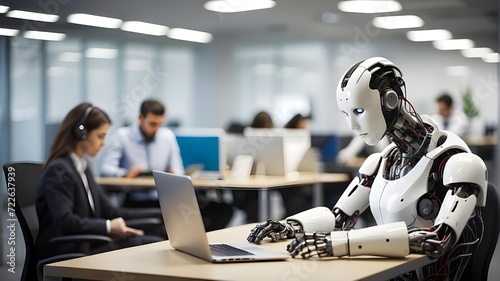 Robot is working on leptop in office using scientific knowledge install in it by software with a business woman