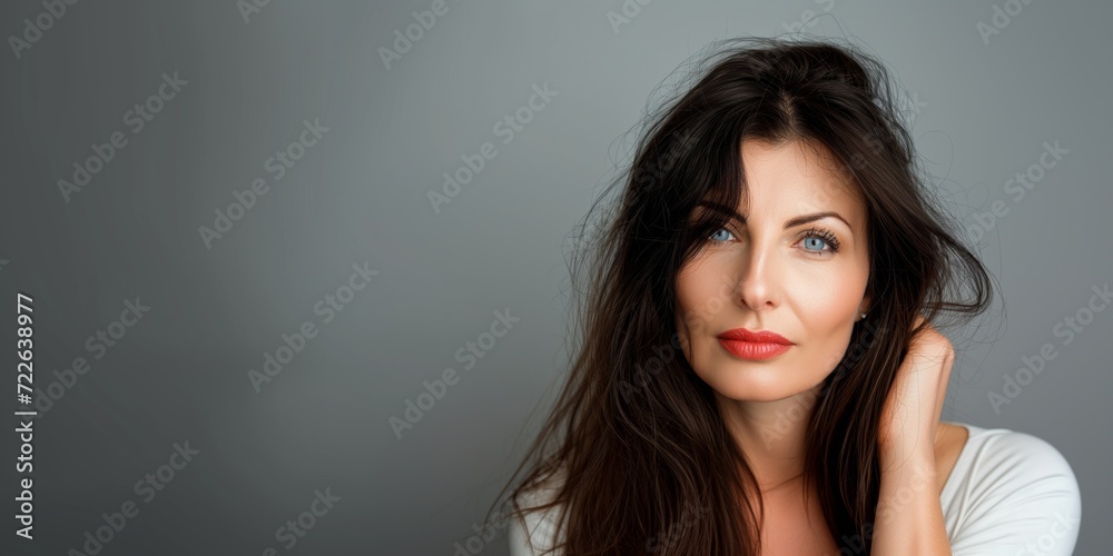 Headshot of a very attractive mature woman posing looking at the camera on a gray background