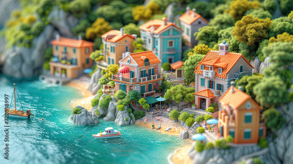 Miniature of a village on the island. 3D illustration.