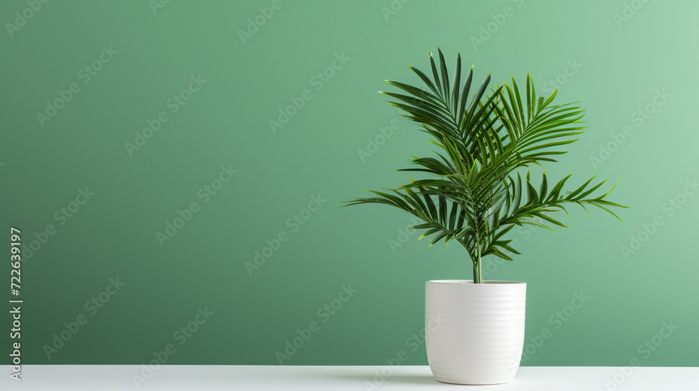 little palm tree in white pot with copy space on green background. house decoration concept