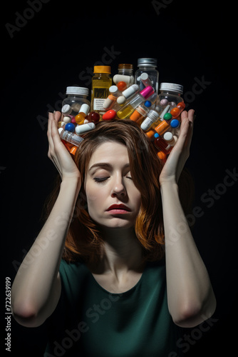 Young woman with headache with a bunch of pills on top of her head, pills or drugs problem, overmedicating concept photo