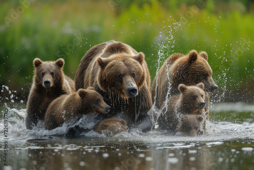 a bear and her cubs shaking off water after a refreshing swim