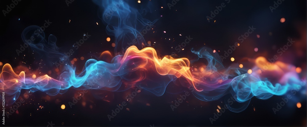 Dark abstract bokeh background, magic smoke and sparks, neon

