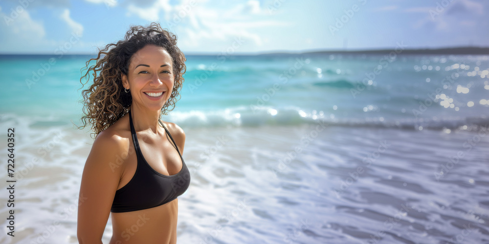 Smiling attractive beautiful mature woman posing at the beach looking at the camera Smiling attractive beautiful mature woman posing at the beach looking at the camera