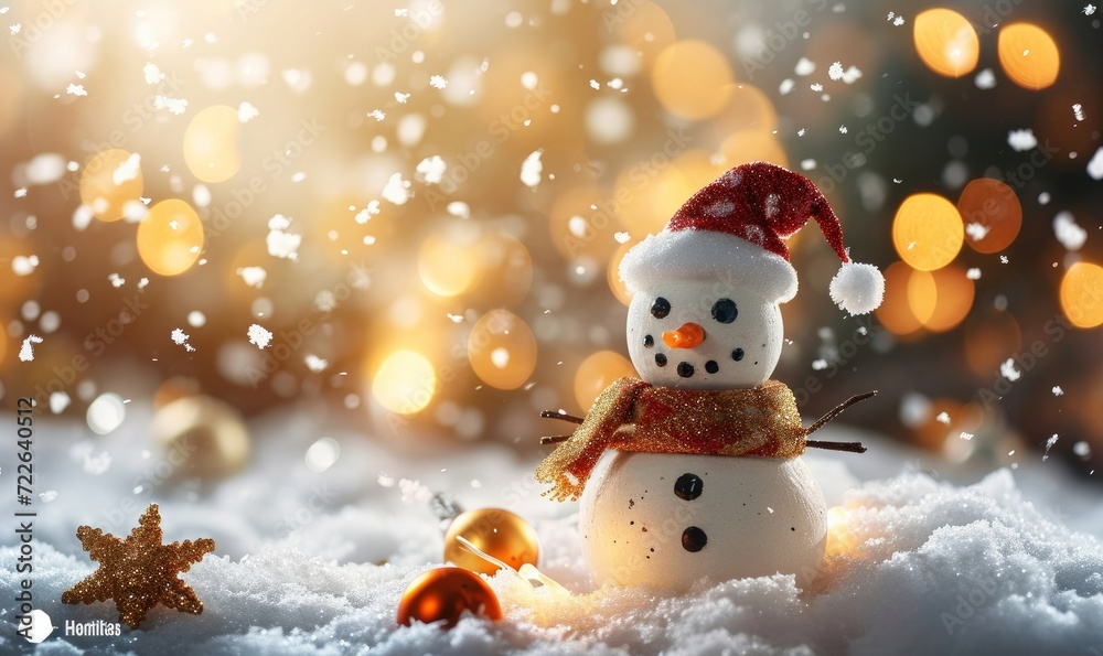snowman decorated for christmas, small snowman figurine on a snowy background, happy snowman for winter holidays christmas tree and lights in the background, bokeh, raining light, Generative AI
