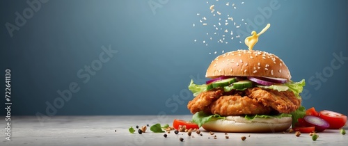 fresh crispy fried chicken burger sandwich with flying ingredients and spices hot ready to serve and eat food commercial advertisement menu banner with copy space area

