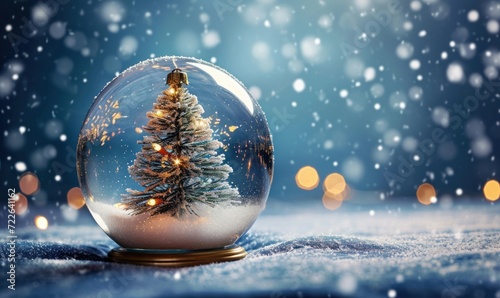 winter snow globe for christmas with a christmas tree inside, snowing, snowflakes, blue background, winter holidays, Generative AI