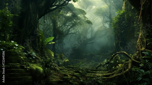 An exotic fog forest, fog covering towering trees.