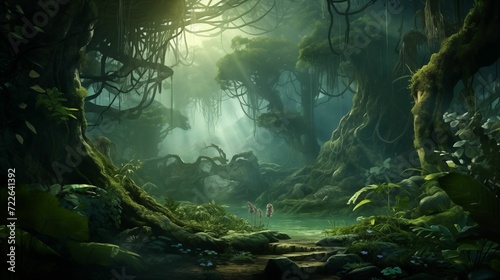 An exotic fog forest, fog covering towering trees.