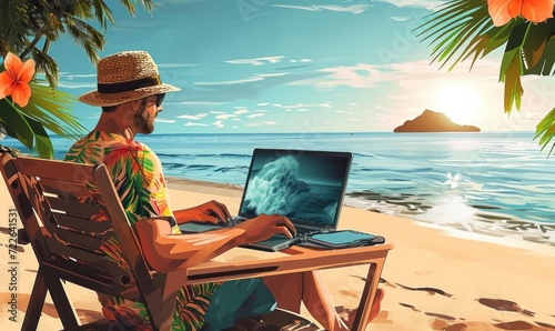 Teleworking at the beach, business, laptop, working on a laptop outside, in front of the sea, teleworking from everywhere, man siting at the beach with a laptop, working from abroad, Generative AI