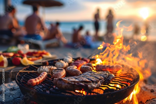 Barbecue party with people in the background, beach party, sand, sea, grilled steak and sausage, grilled meat, fire, summer party, barbecue at the beach, people having fun with friends, Generative AI photo