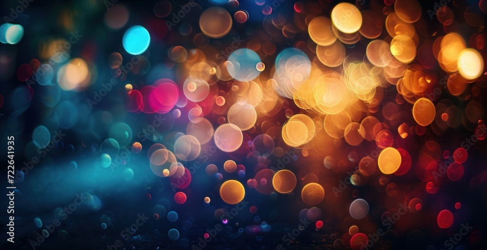 Multicolor bokeh, raining light, blurry lights, blurry background, rainbow confettis on a black background, colorful, night lights, city lights, haze, Generative AI
