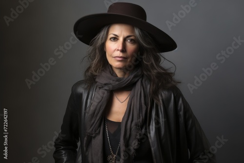 Mature woman in black leather jacket, hat and scarf on grey background