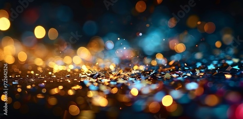 metal confetti with abstract shapes, blurry bokeh, metalic scrapes, depth of field, abstract background, light and technology, party, Generative AI