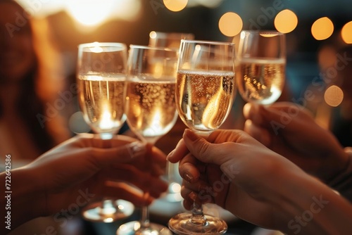 Hand holding glass of champagne, people cheering, cheers, spending a moment together with friends, party, happy moment, nightclub, restaurant, cheering, family, sparkling wine, Generative AI