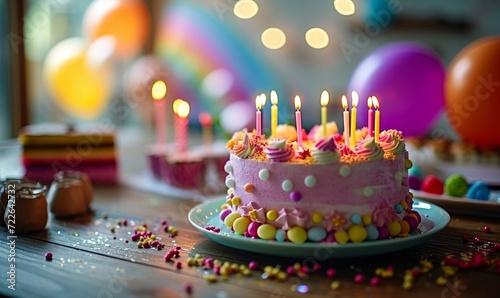 pink birthday cake with candles, birthday party for children, children having fun, colorful cake, rainbow, multicolored balloons and sparkles, chocolate, sugar and candies, candles, Generative AI