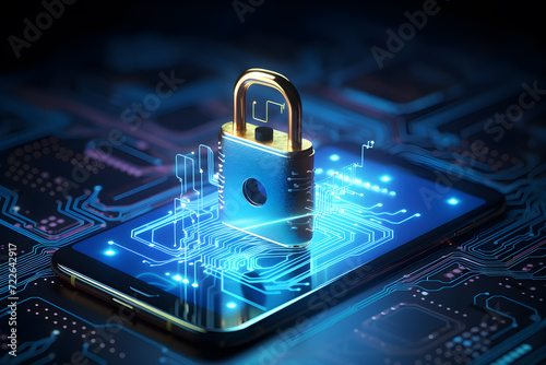 Cyber security illustration of smart phone, padlock futuristic microchip processor, protecting business and financial data.