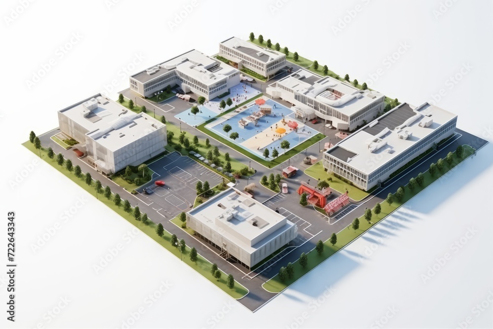 School Campus Layout, Displaying Various Facilities, on a White Surface, Generative AI