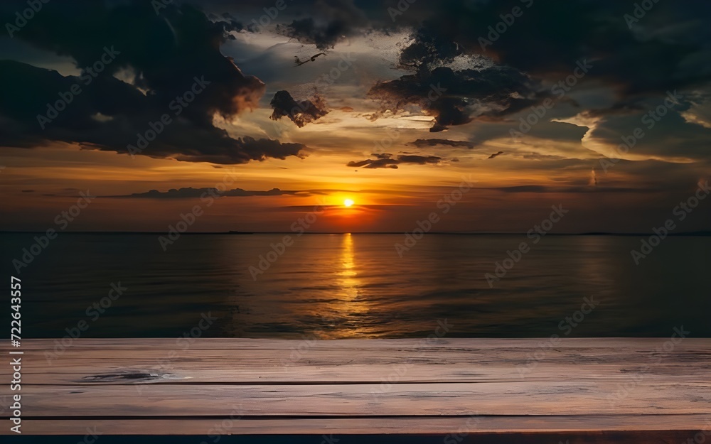Empty wooden table with a blurred landscape in the background.