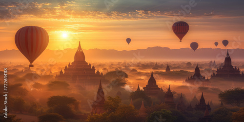 Bagan panorama with temples and hot air-ballons during sunrise