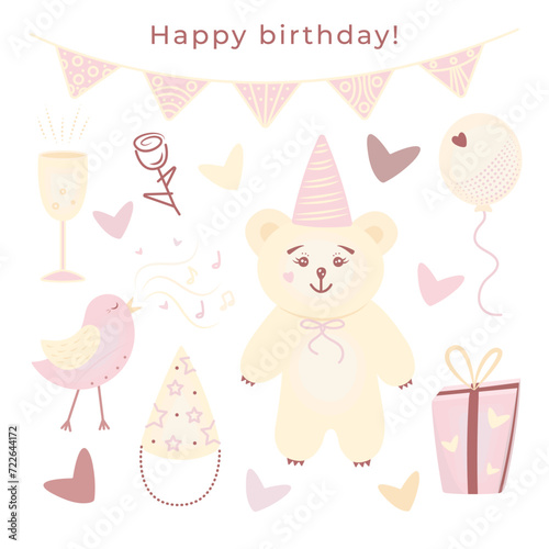 Birthday doodle set of cute color stickers, vector holiday items © O.M-lova