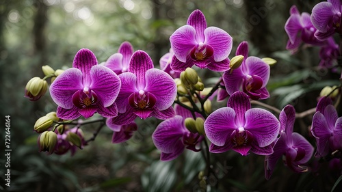 Close-up high-resolution image of exquisite purple orchids in a tropical forest.
