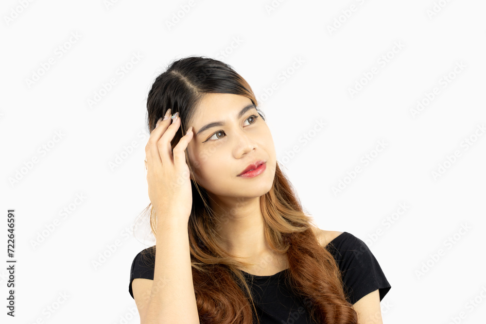 Young asian woman posing thinking face isolated on white background. Young asian woman posing thinking face isolated on white background.