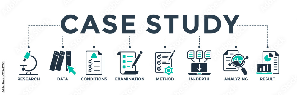 Case study banner web icon concept with the icon of research, data, conditions, examination, method, in-depth, analyzing, and result. Vector illustration Case study banner web icon concept with the icon of research, data, conditions, examination, method, in-depth, analyzing, and result. Vector illustration
