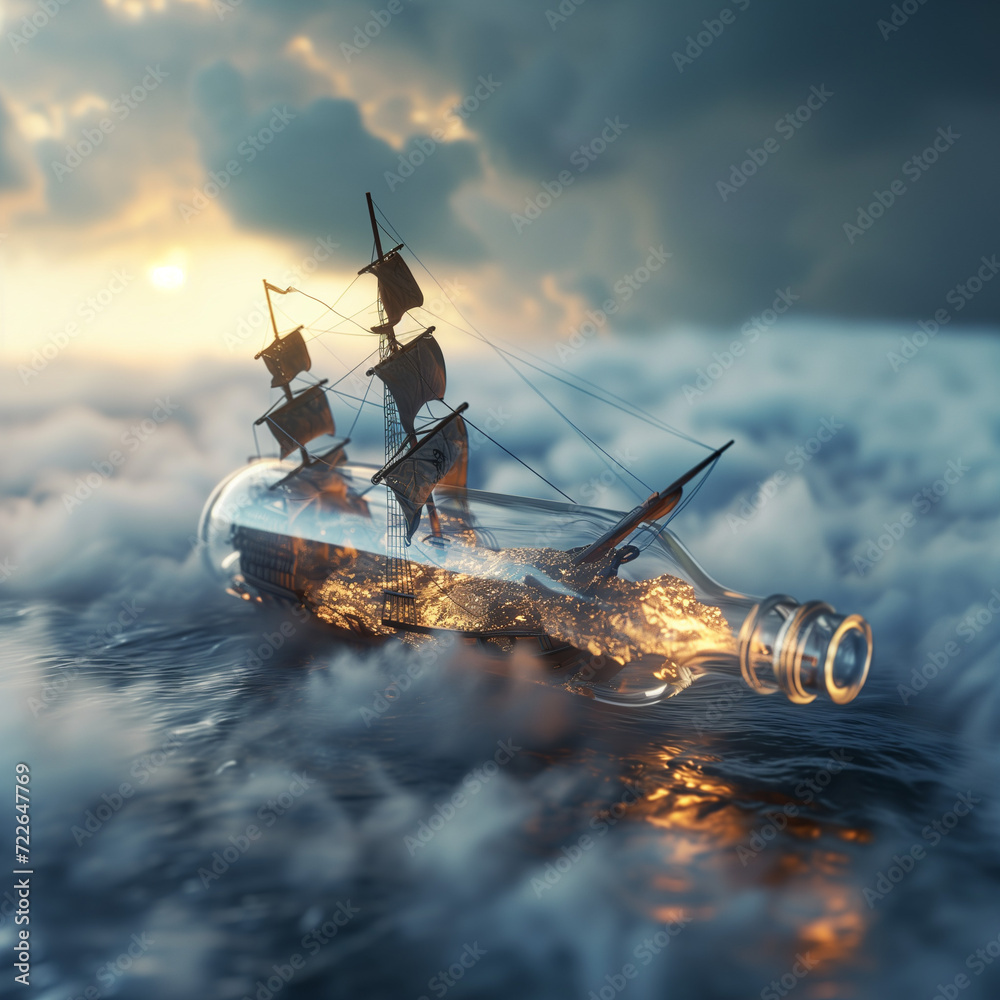 Naklejka premium Transparent glass bottle lay down with pirate ship inside.