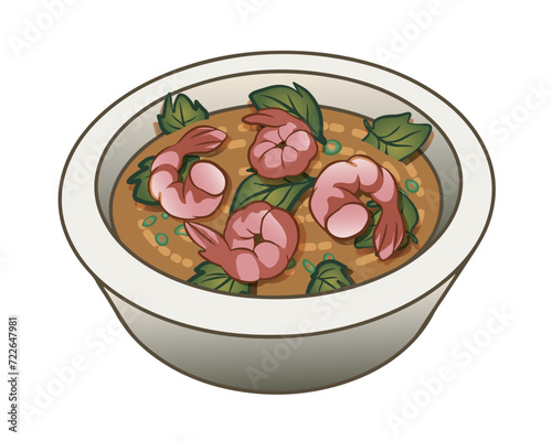 Tacaca is a Brazilian soup of indigenous origin typical of the Amazon. Soup prepared with tucupi broth, cassava starch, jambu and shrimp. Vector illustration isolated on transparent background.