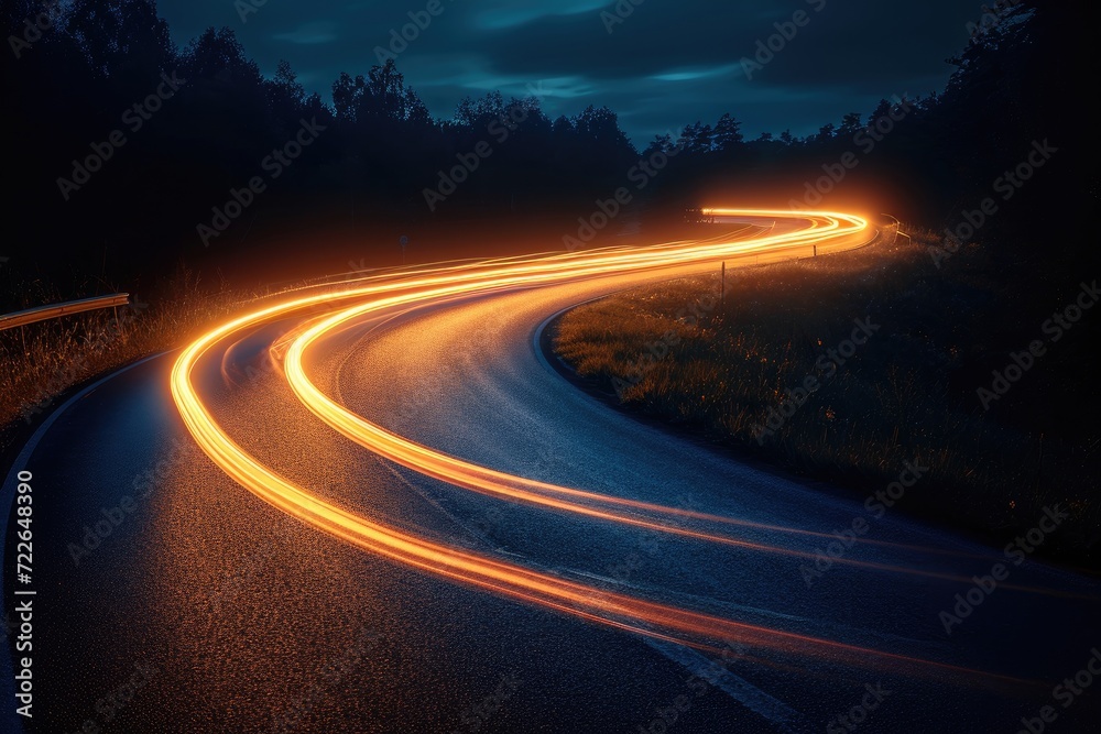 Colorful light trails car with motion effect. Illustration of high speed light effect on forest background. generative AI.