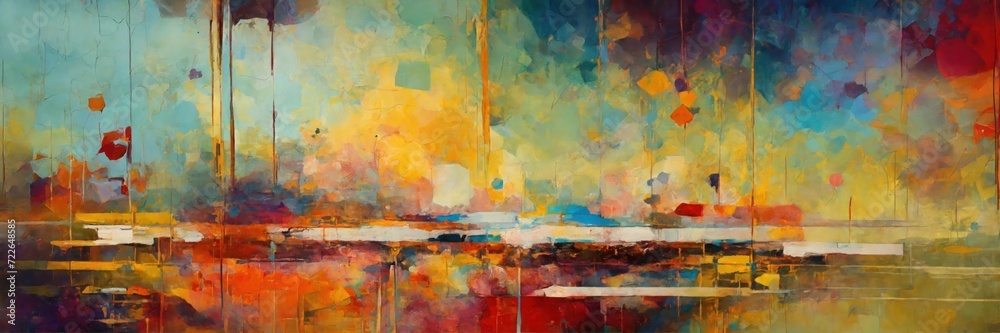 Abstract artwork in oil on canvas technique with splashes and dots of color. Brush stroke and splash color. Contemporary surrealist painting. Modern poster for wall decoration Abstract artwork in oil on canvas technique with splashes and dots of color. Brush stroke and splash color. Contemporary surrealist painting. Modern poster for wall decoration