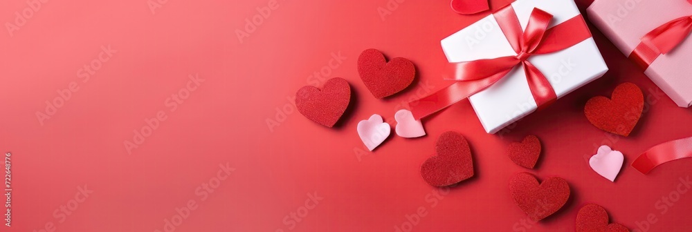 Gift or present box decorated with red hearts for Valentine on red background top view. Flat lay card from homemade decoration, Valentine's day, Mother day, wedding and anniversary concept Gift or present box decorated with red hearts for Valentine on red background top view. Flat lay card from homemade decoration, Valentine's day, Mother day, wedding and anniversary concept