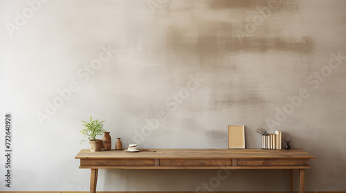 Wooden desk and empty wall with books
