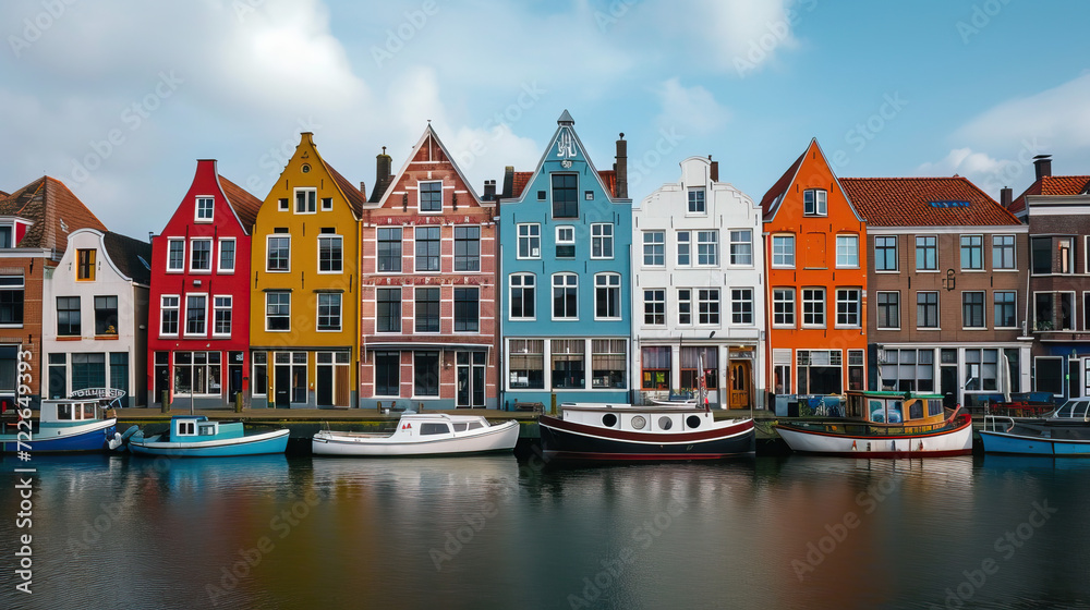 Charming European Cityscape with Quaint Canal Houses by the River, Amsterdam and Nyhavn Inspired Architecture in Bruges and Copenhagen, Boats and Old Buildings Adorn the Picturesque Town
