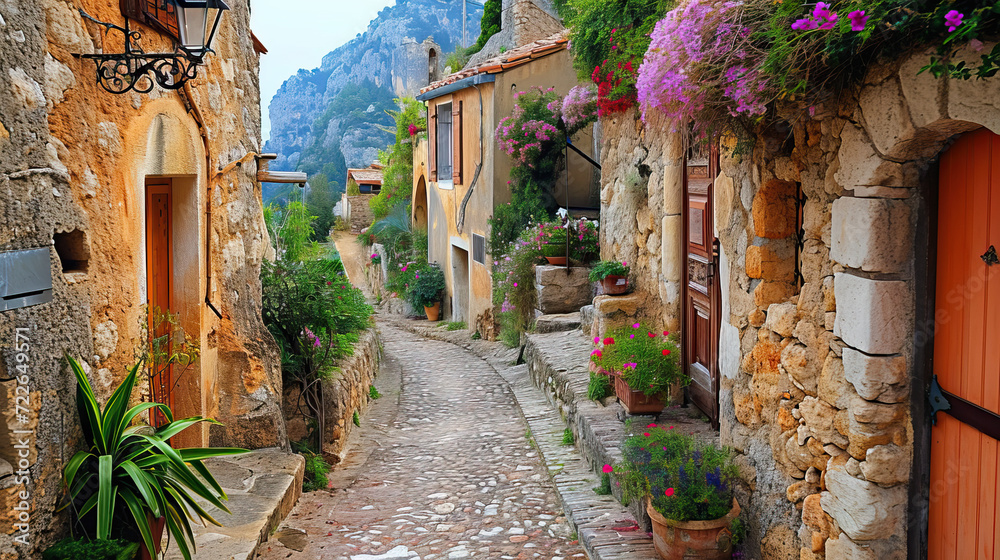 Fototapeta premium Charming medieval alley with ancient stone houses and a tower in a narrow European street, capturing the essence of old town architecture