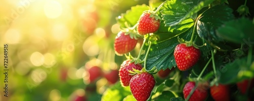 Ripening strawberries on bush under sunlight.