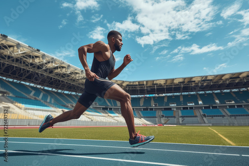 man running, male athlete running, professional running training on stadium background