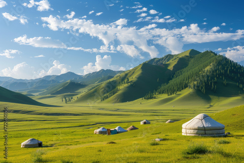 Mongolia yurts in the summer meadows in Nalati scenic spot, Xinjiang Uygur Autonomous Region, China photo