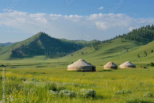 Mongolia yurts in the summer meadows in Nalati scenic spot, Xinjiang Uygur Autonomous Region, China