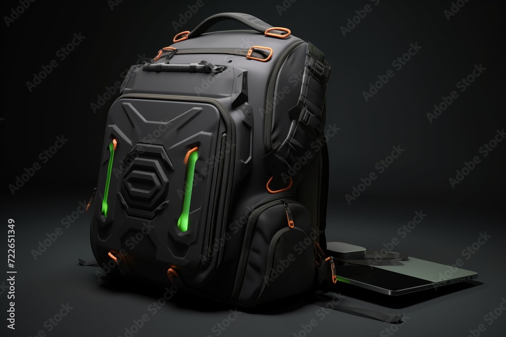 Gaming Laptop Backpack, Featuring Tech-Savvy Elements, on a White Surface, Generative AI Gaming Laptop Backpack, Featuring Tech-Savvy Elements, on a White Surface, Generative AI