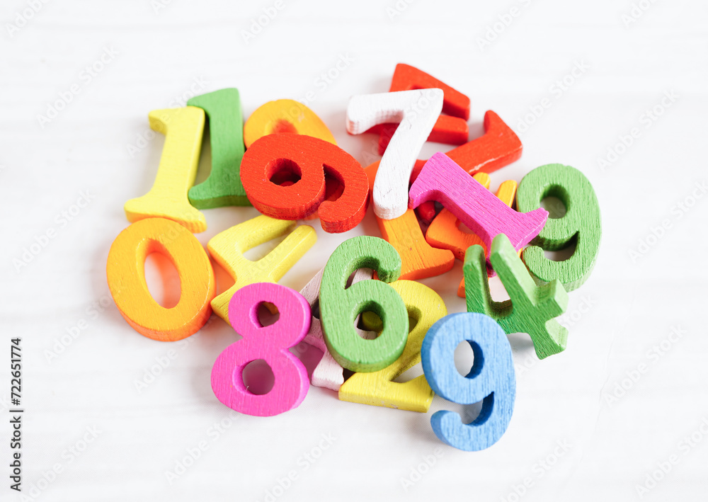 Naklejka premium Number wood block cubes for learning Mathematic, education math concept.