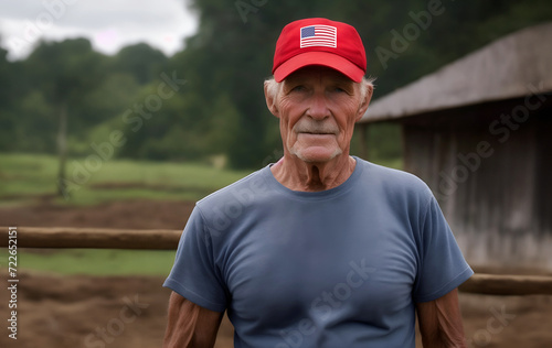 Portrait of a senior farmer with weathered skin wearing red cap with printed american flag. Republican party supporter standing proud in his farm