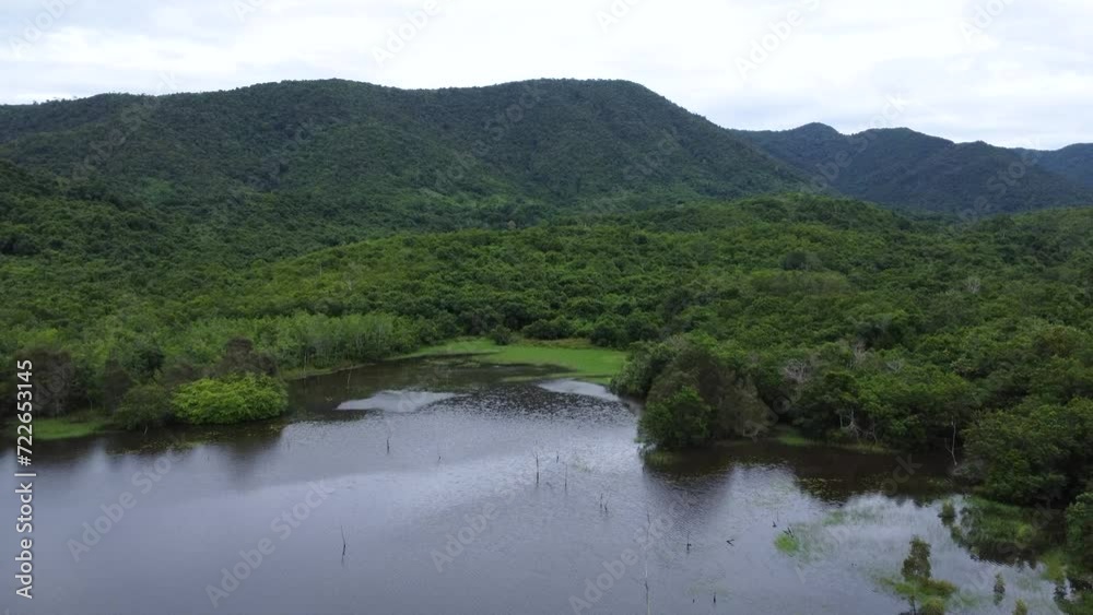 Aerial view of the lake in the mountainous area of South Kalimantan located in Sungai Dua village Aerial view of the lake in the mountainous area of South Kalimantan located in Sungai Dua village