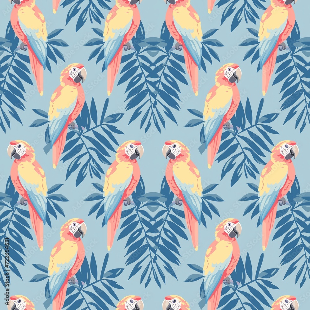 Seamless pattern with multicolored macaw parrot and tropical foliage on a blue background, retro style, ornament for fabric design, printed products and social networks