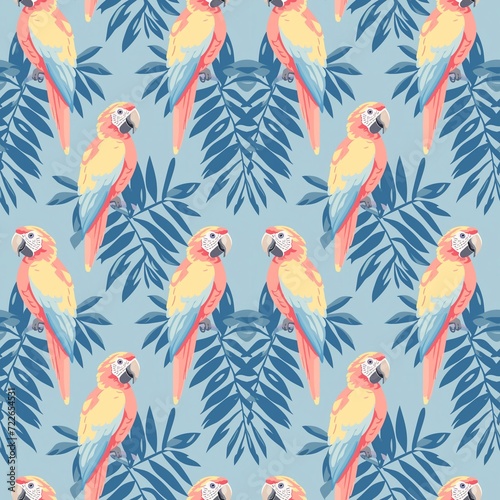 Seamless pattern with multicolored macaw parrot and tropical foliage on a blue background, retro style, ornament for fabric design, printed products and social networks